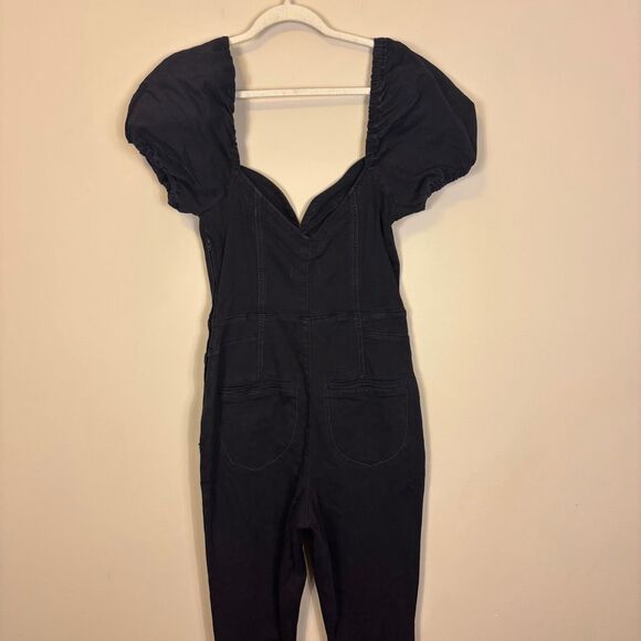 We The Free Free People Black Short Sleeve Sweetheart Neckline Denim Jumpsuit Si - Picture 5 of 9